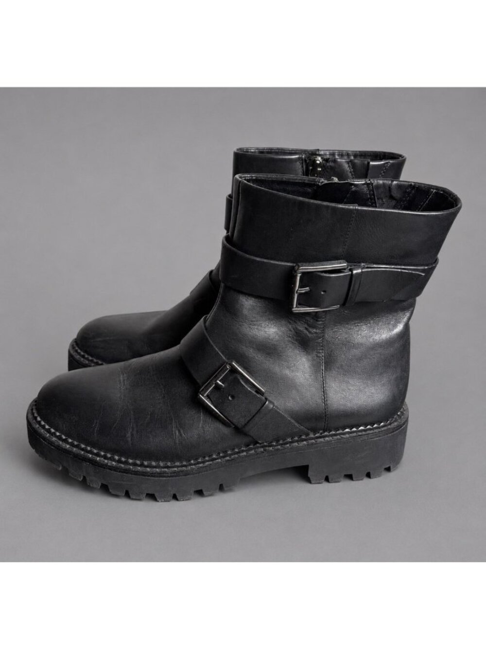 NORDSTROM Womens 8M Black Leather Nomacombs Buckle Moto Boots